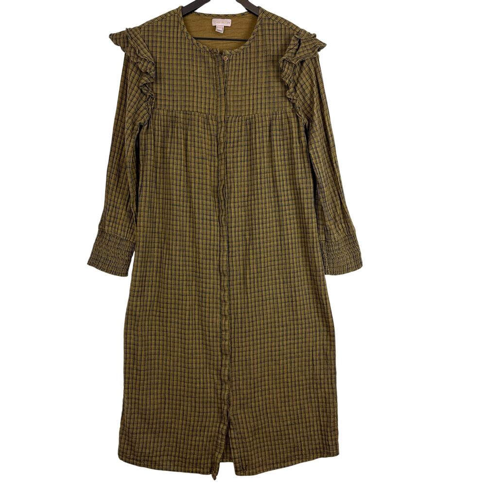 Ellies and Ivy Plaid Woven Button Front Shirt Dress Midi Tan Blue Cotton - S/M